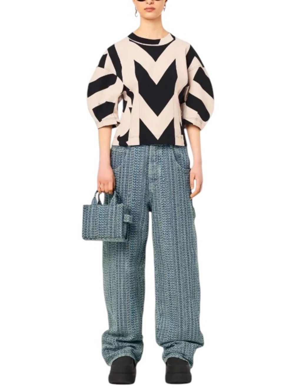 NWT Marc Jacobs The Washed Denim Mini Monogram Crossbody Tote Bag W/Black Strap